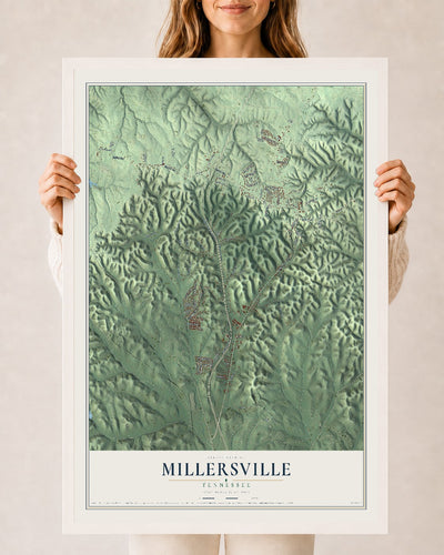 Map of Millersville, Tennessee, 24 x 36 inch print in a white wood frame