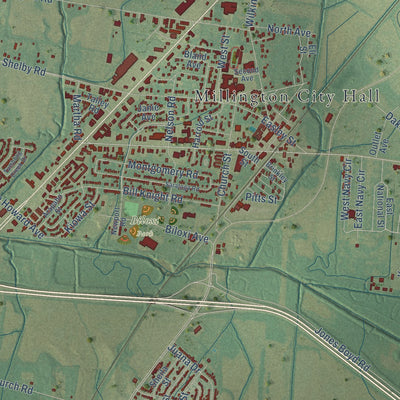 Close-up of the map of Millington, Tennessee print showing street and building detail