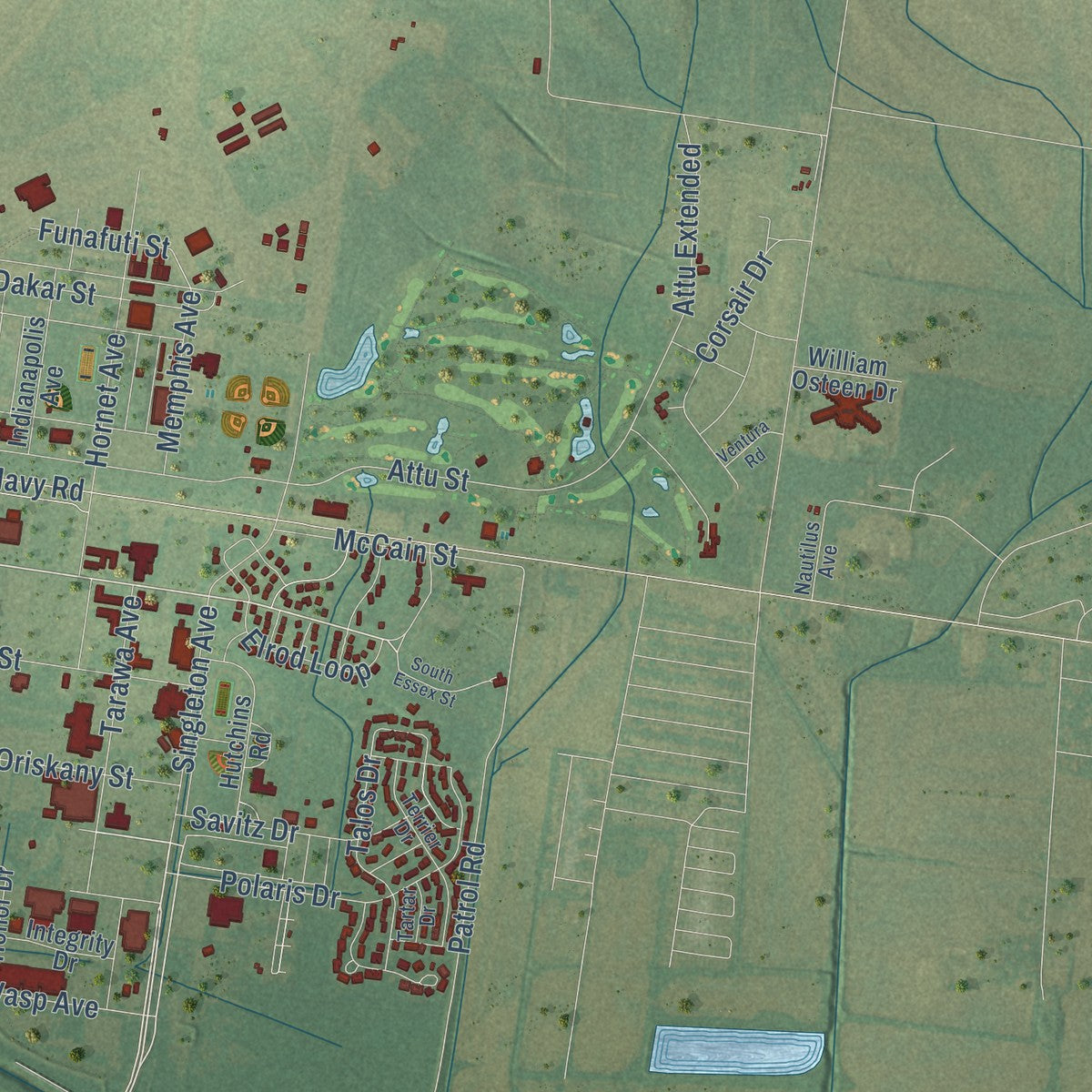 Second close-up of the map of Millington, Tennessee print showing more streets and buildings