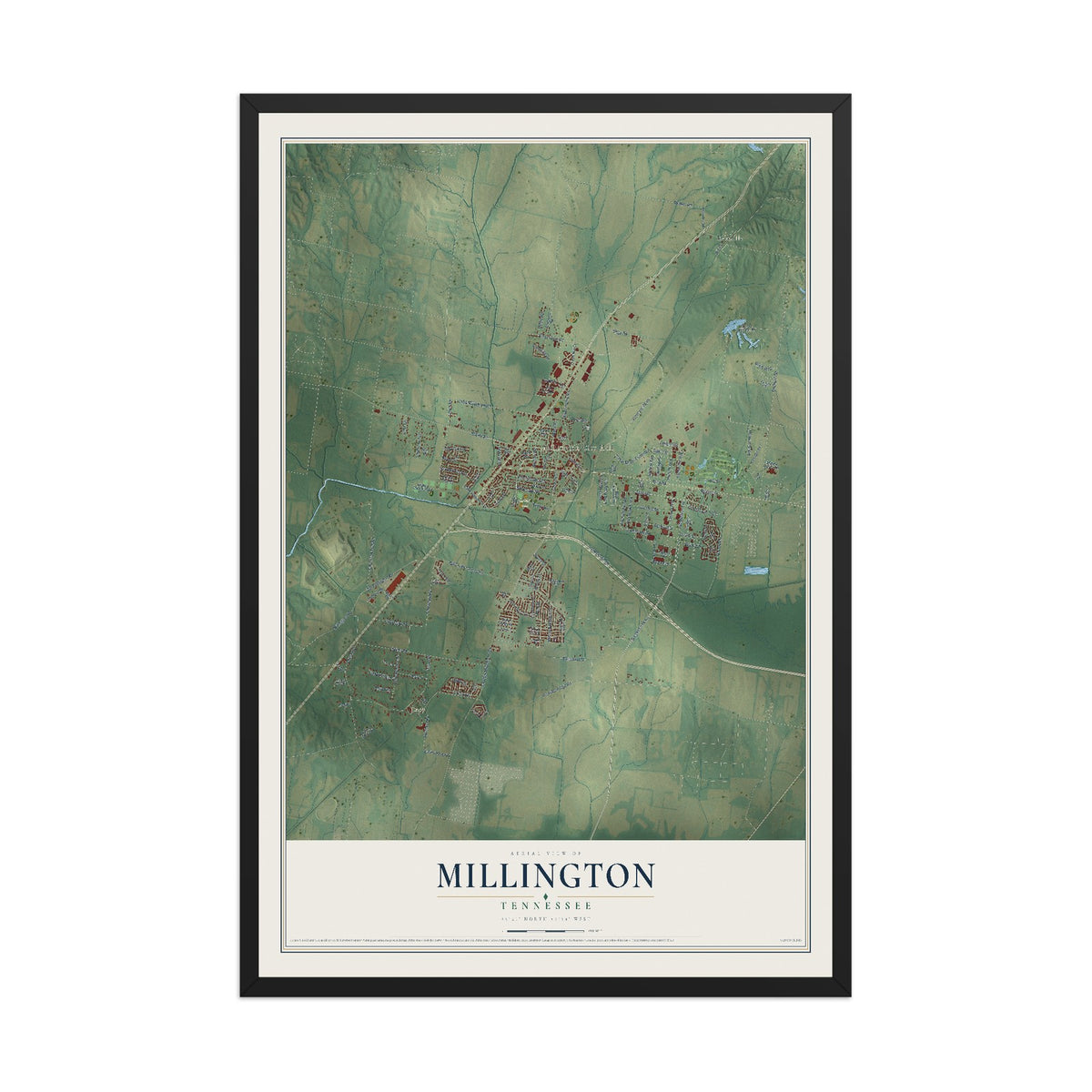 Map of Millington, Tennessee, 12 x 18 inch print in a black wood frame