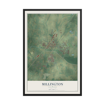 Map of Millington, Tennessee, 12 x 18 inch print in a black wood frame
