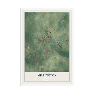 Map of Millington, Tennessee, 12 x 18 inch print in a white wood frame
