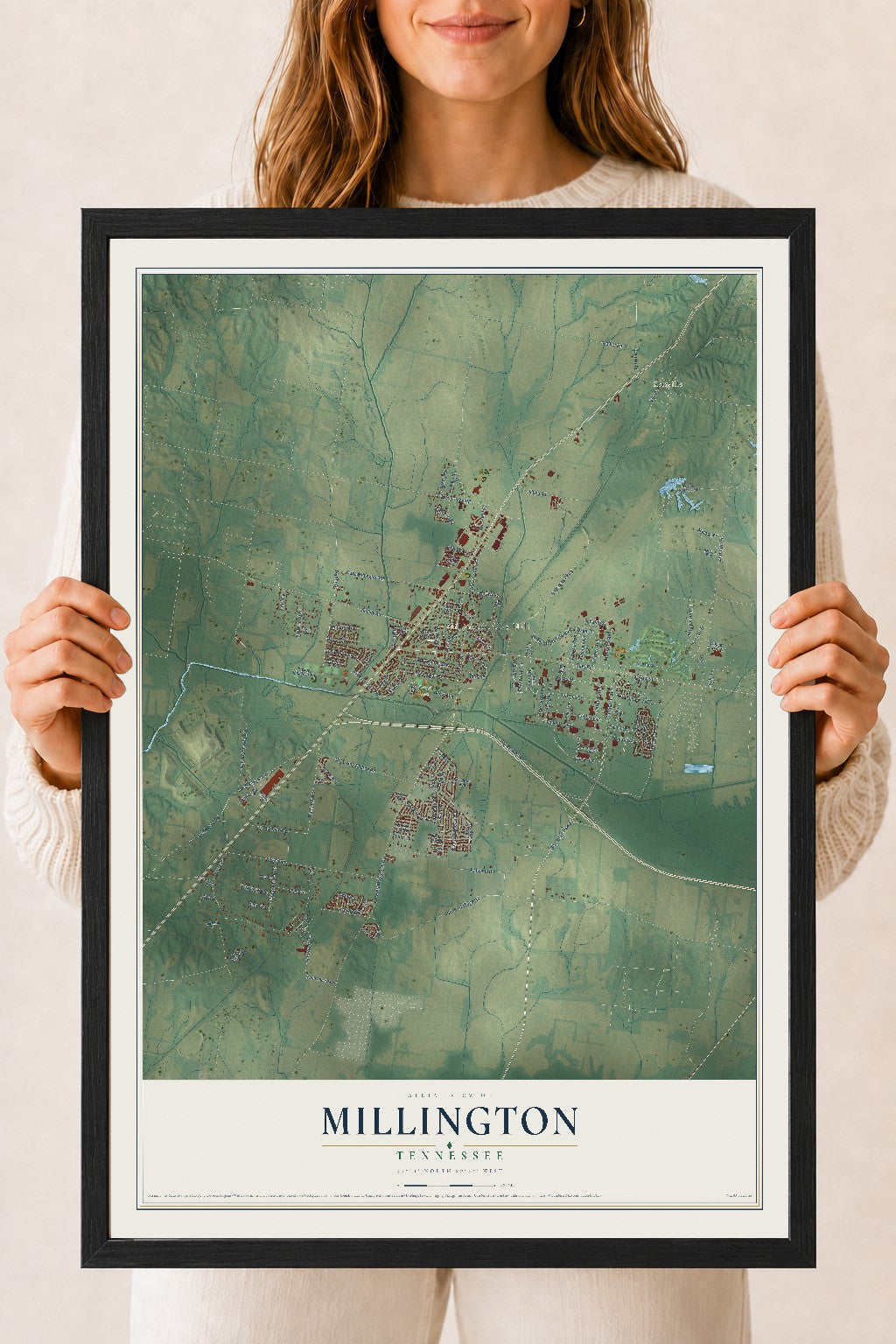 Map of Millington, Tennessee, 18 x 24 inch print in a black wood frame
