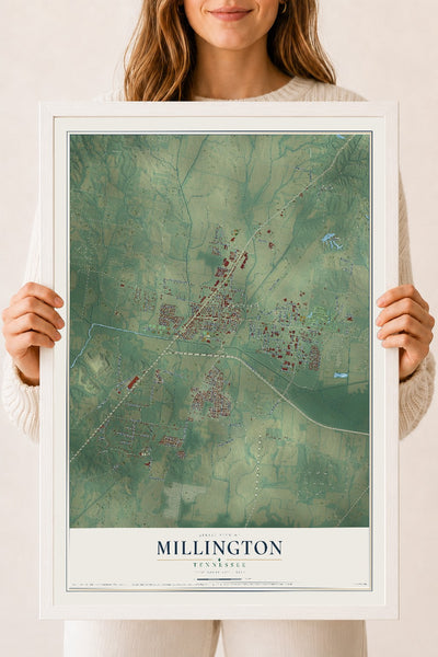 Map of Millington, Tennessee, 18 x 24 inch print in a white wood frame