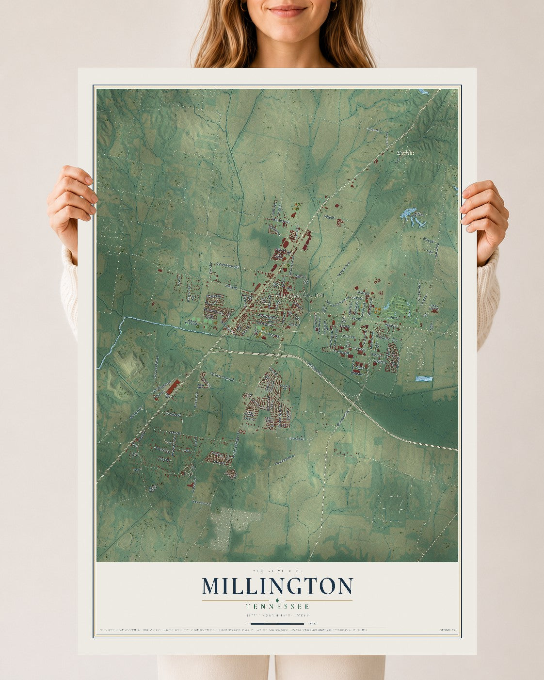Map of Millington, Tennessee, 24 x 36 inch unframed archival matte print