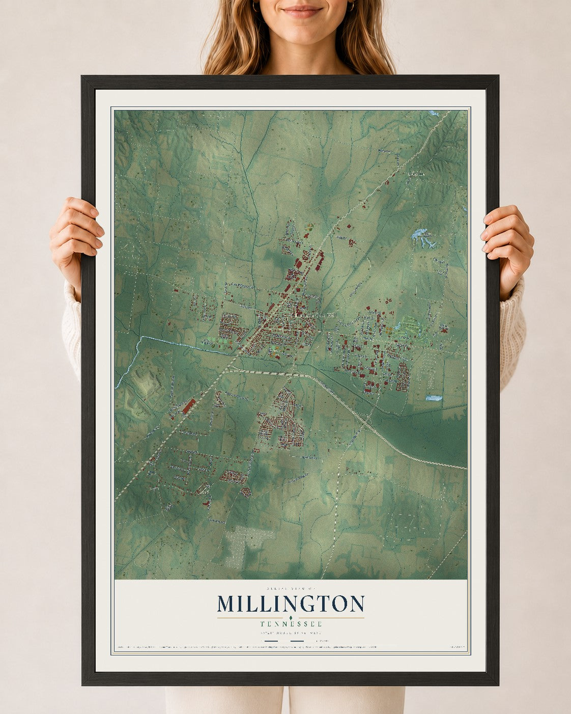 Map of Millington, Tennessee, 24 x 36 inch print in a black wood frame