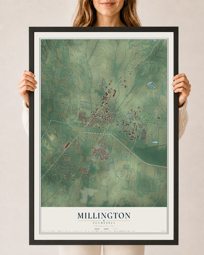 Map of Millington, Tennessee, 24 x 36 inch print in a black wood frame