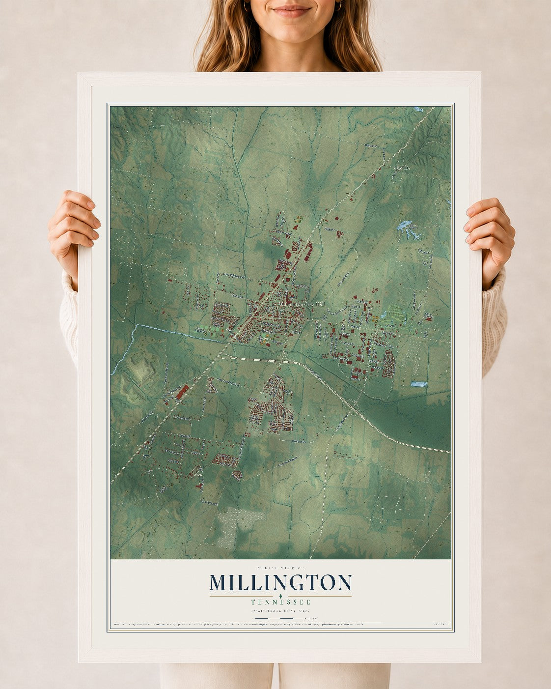 Map of Millington, Tennessee, 24 x 36 inch print in a white wood frame