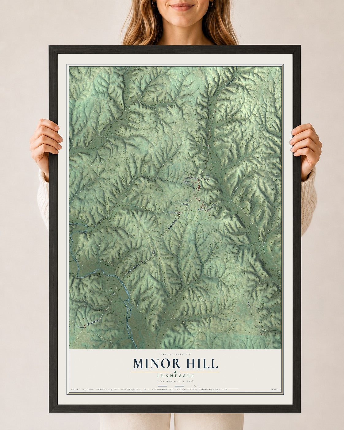 Map of Minor Hill, Tennessee, 24 x 36 inch print in a black wood frame