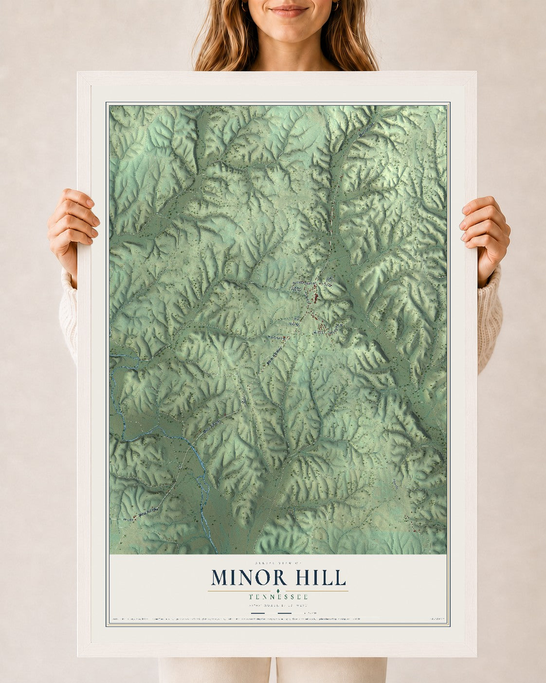 Map of Minor Hill, Tennessee, 24 x 36 inch print in a white wood frame
