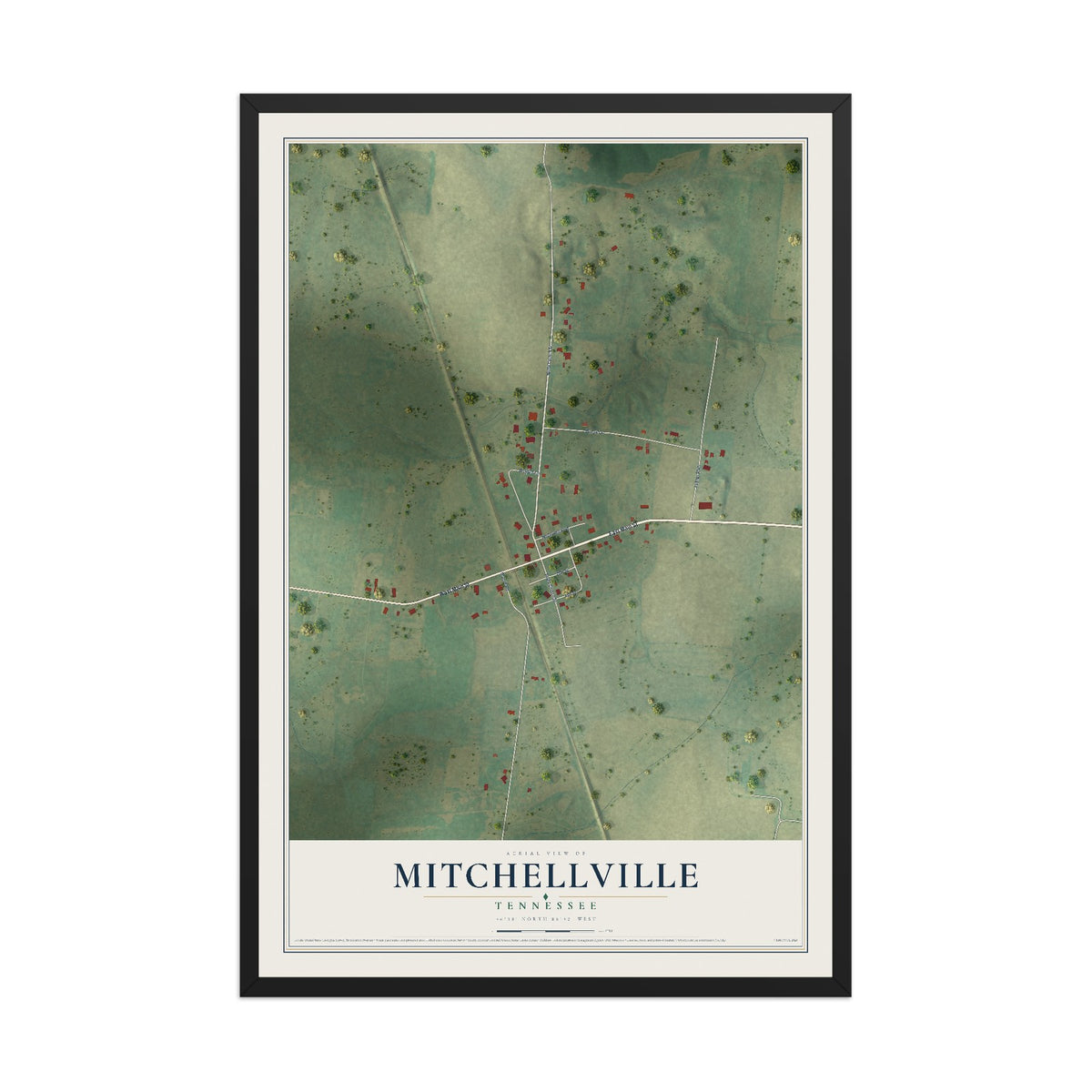 Map of Mitchellville, Tennessee, 12 x 18 inch print in a black wood frame