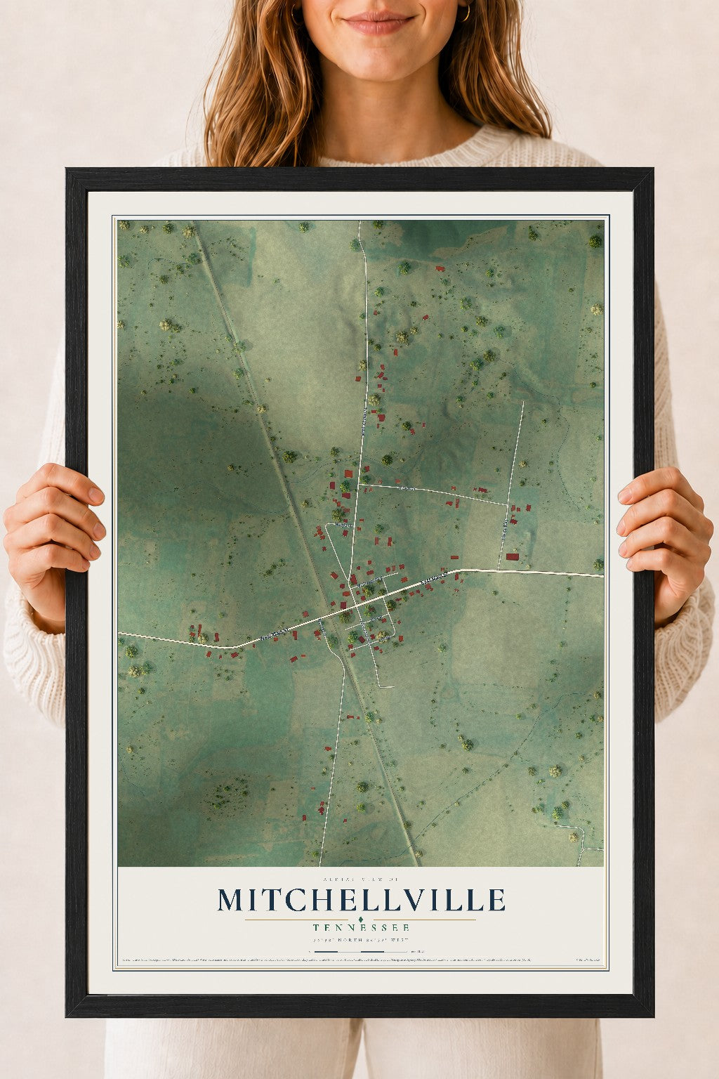 Map of Mitchellville, Tennessee, 18 x 24 inch print in a black wood frame