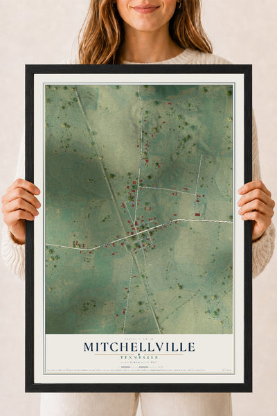 Map of Mitchellville, Tennessee, 18 x 24 inch print in a black wood frame