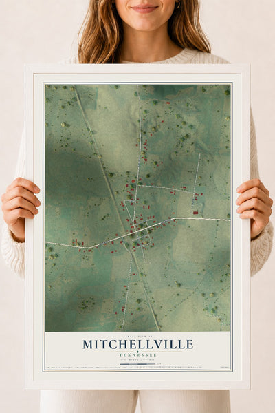 Map of Mitchellville, Tennessee, 18 x 24 inch print in a white wood frame