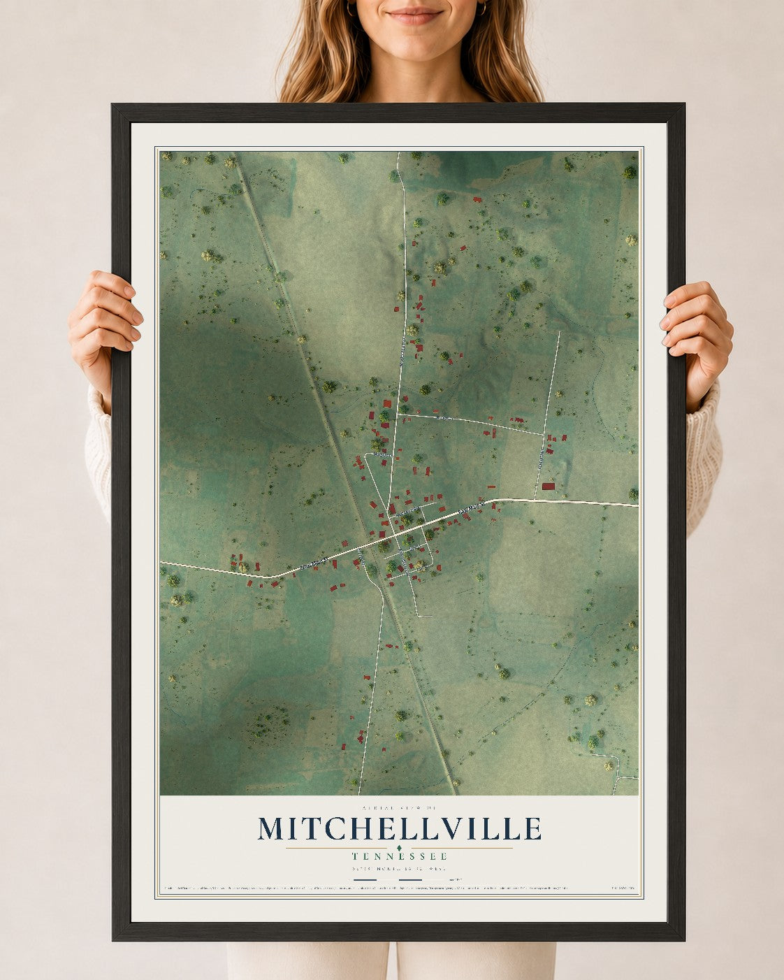 Map of Mitchellville, Tennessee, 24 x 36 inch print in a black wood frame