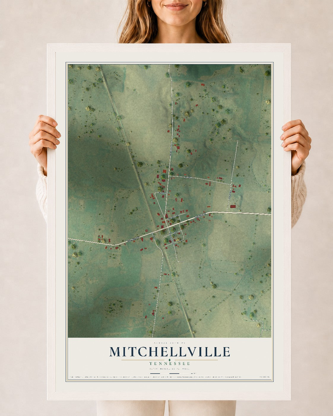 Map of Mitchellville, Tennessee, 24 x 36 inch print in a white wood frame