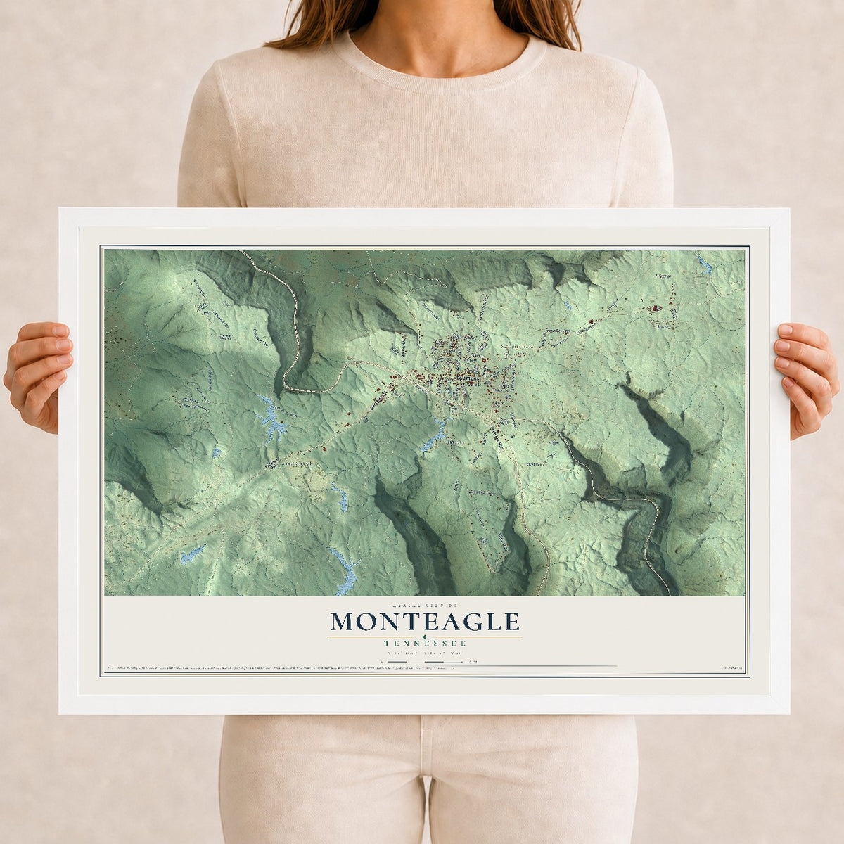 Map of Monteagle, Tennessee, 12 x 18 inch print in a white wood frame