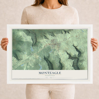 Map of Monteagle, Tennessee, 12 x 18 inch print in a white wood frame