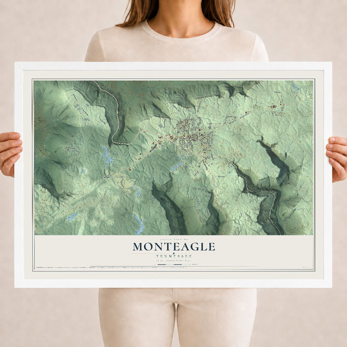 Map of Monteagle, Tennessee, 18 x 24 inch print in a white wood frame