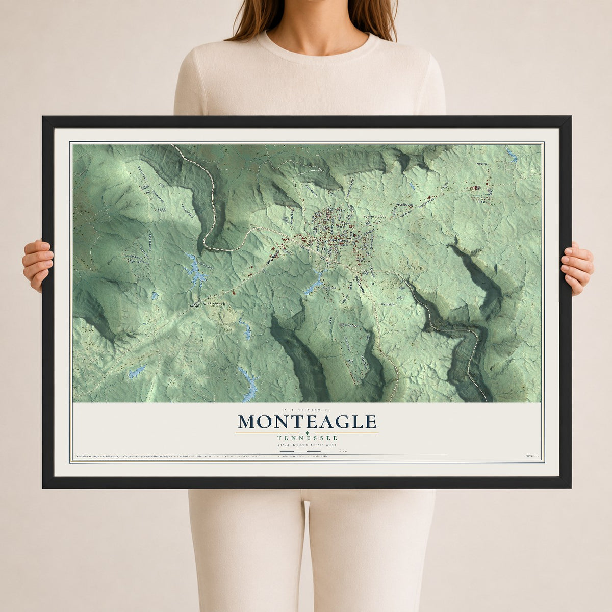 Map of Monteagle, Tennessee, 24 x 36 inch print in a black wood frame