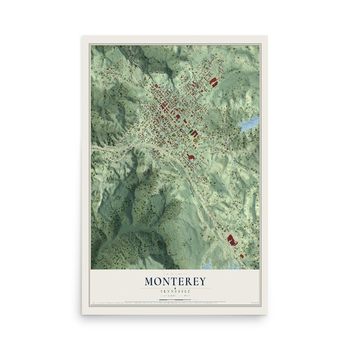 Map of Monterey, Tennessee, 12 x 18 inch unframed archival matte print