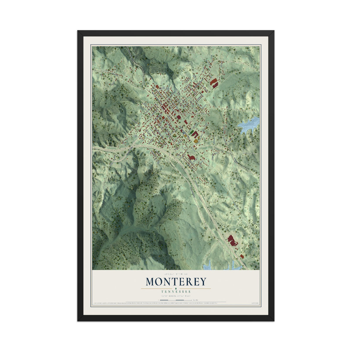 Map of Monterey, Tennessee, 12 x 18 inch print in a black wood frame