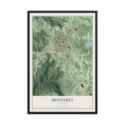 Map of Monterey, Tennessee, 12 x 18 inch print in a black wood frame
