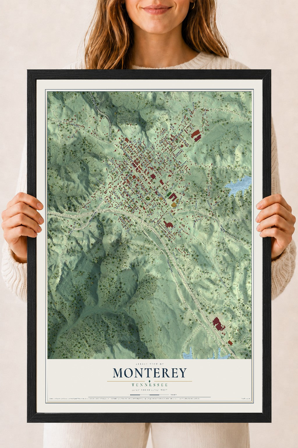Map of Monterey, Tennessee, 18 x 24 inch print in a black wood frame