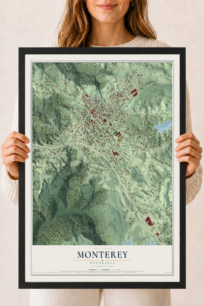 Map of Monterey, Tennessee, 18 x 24 inch print in a black wood frame