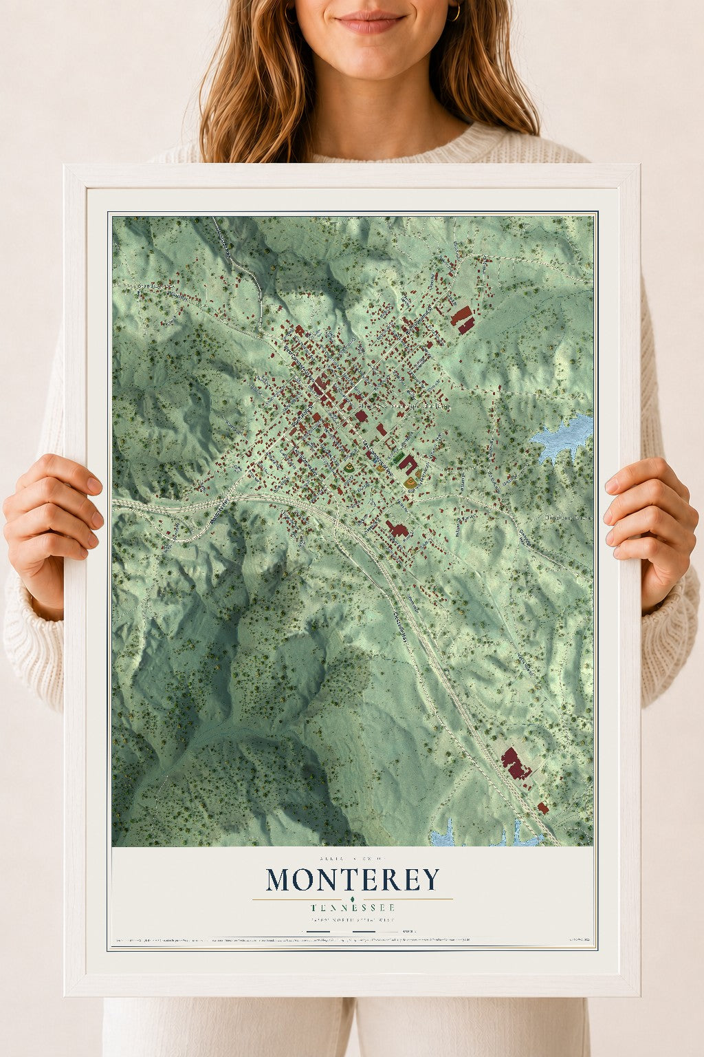 Map of Monterey, Tennessee, 18 x 24 inch print in a white wood frame