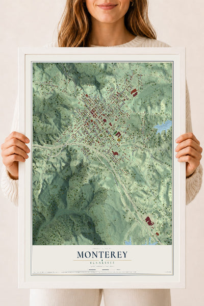 Map of Monterey, Tennessee, 18 x 24 inch print in a white wood frame