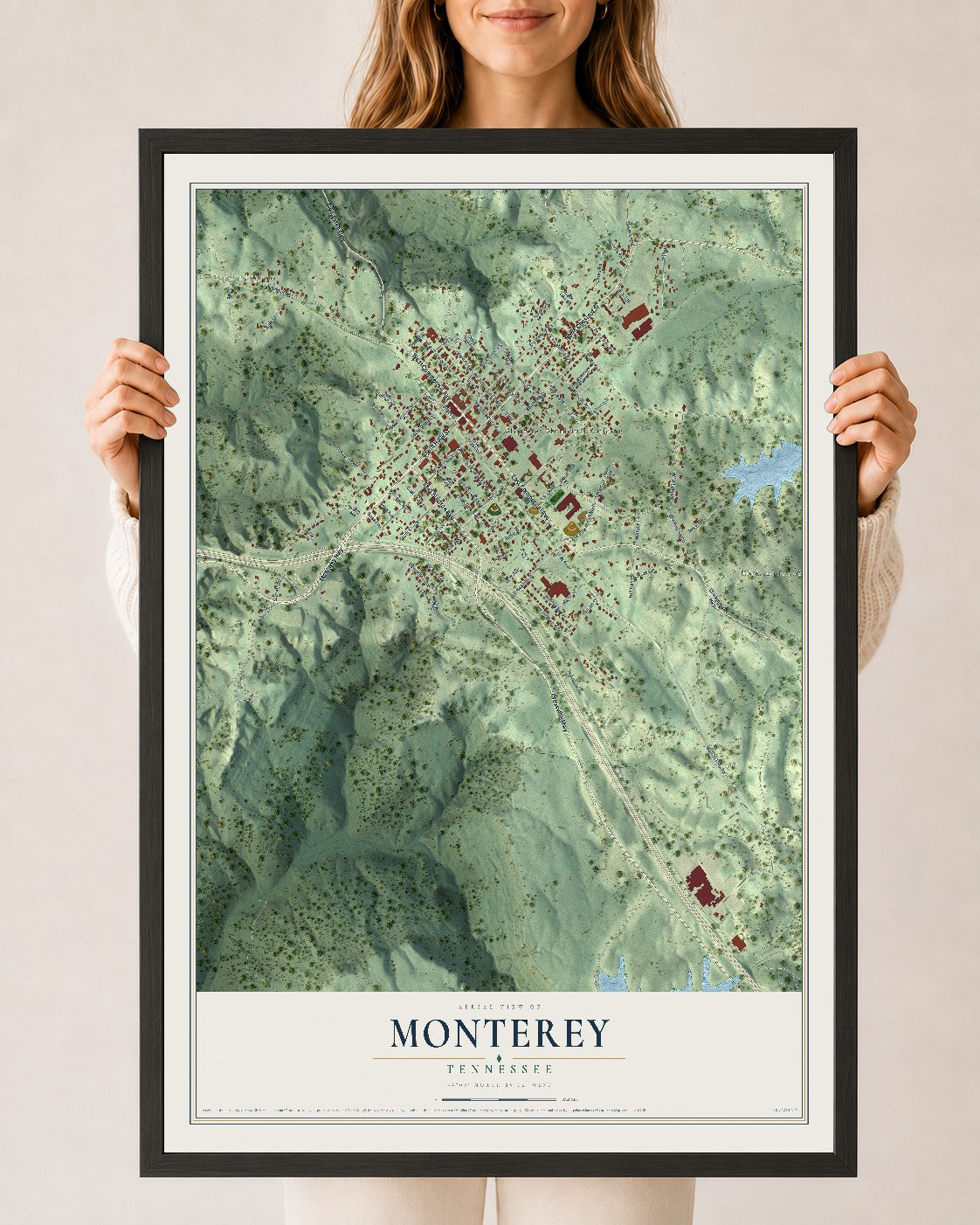 Map of Monterey, Tennessee, 24 x 36 inch print in a black wood frame