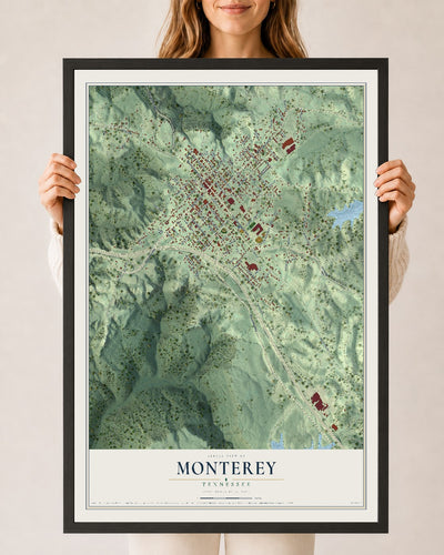 Map of Monterey, Tennessee, 24 x 36 inch print in a black wood frame