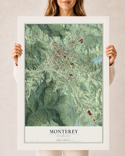 Map of Monterey, Tennessee, 24 x 36 inch print in a white wood frame