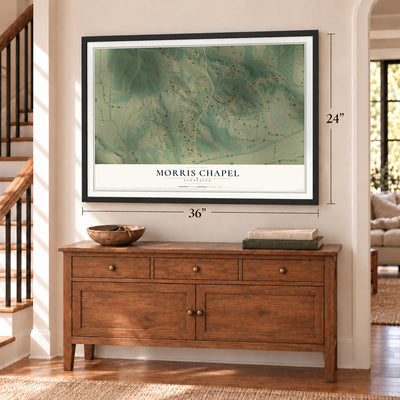 Morris Chapel, Tennessee map, 24 x 36 inch print in a black frame above a dresser by a staircase
