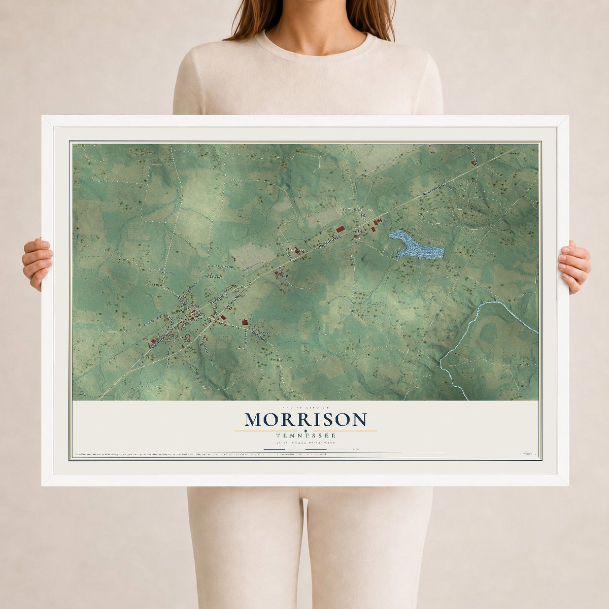 Map of Morrison, Tennessee, 24 x 36 inch print in a white wood frame