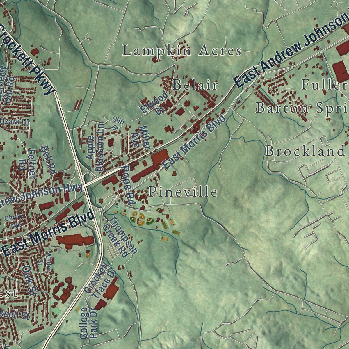 Second close-up of the map of Morristown, Tennessee print showing more streets and buildings