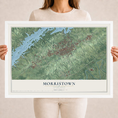Map of Morristown, Tennessee, 18 x 24 inch print in a white wood frame