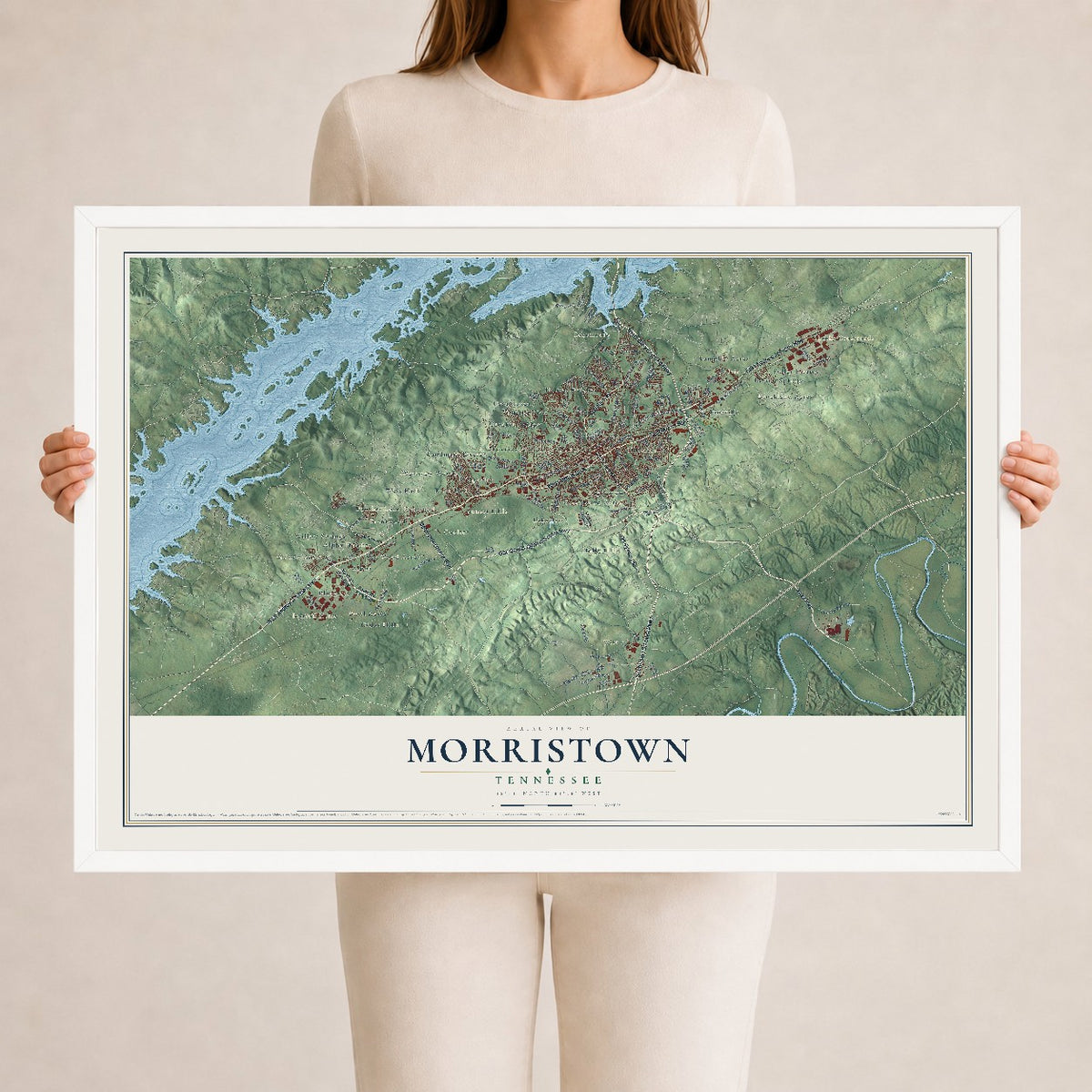 Map of Morristown, Tennessee, 24 x 36 inch print in a white wood frame