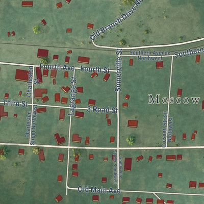 Close-up of the map of Moscow, Tennessee print showing street and building detail