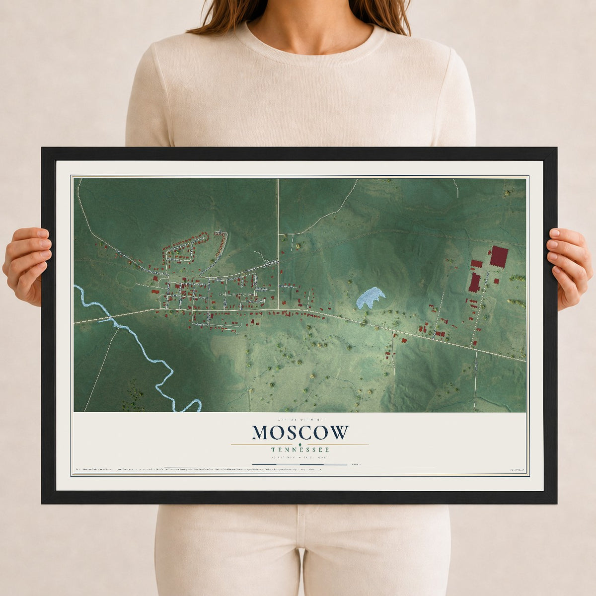 Map of Moscow, Tennessee, 12 x 18 inch print in a black wood frame