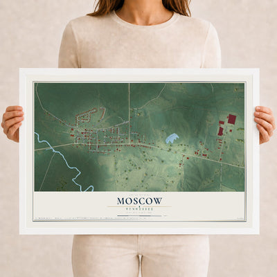 Map of Moscow, Tennessee, 12 x 18 inch print in a white wood frame