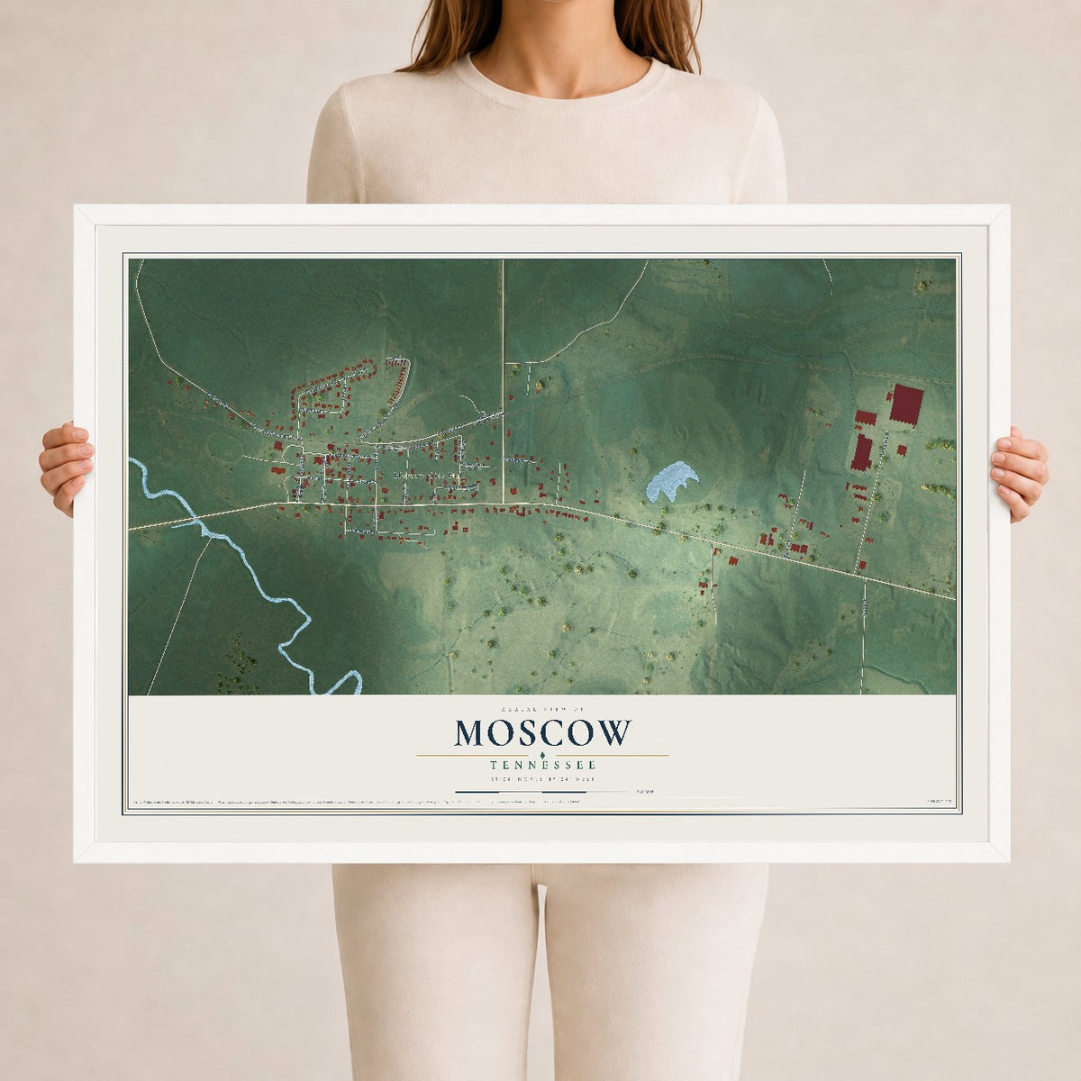 Map of Moscow, Tennessee, 24 x 36 inch print in a white wood frame
