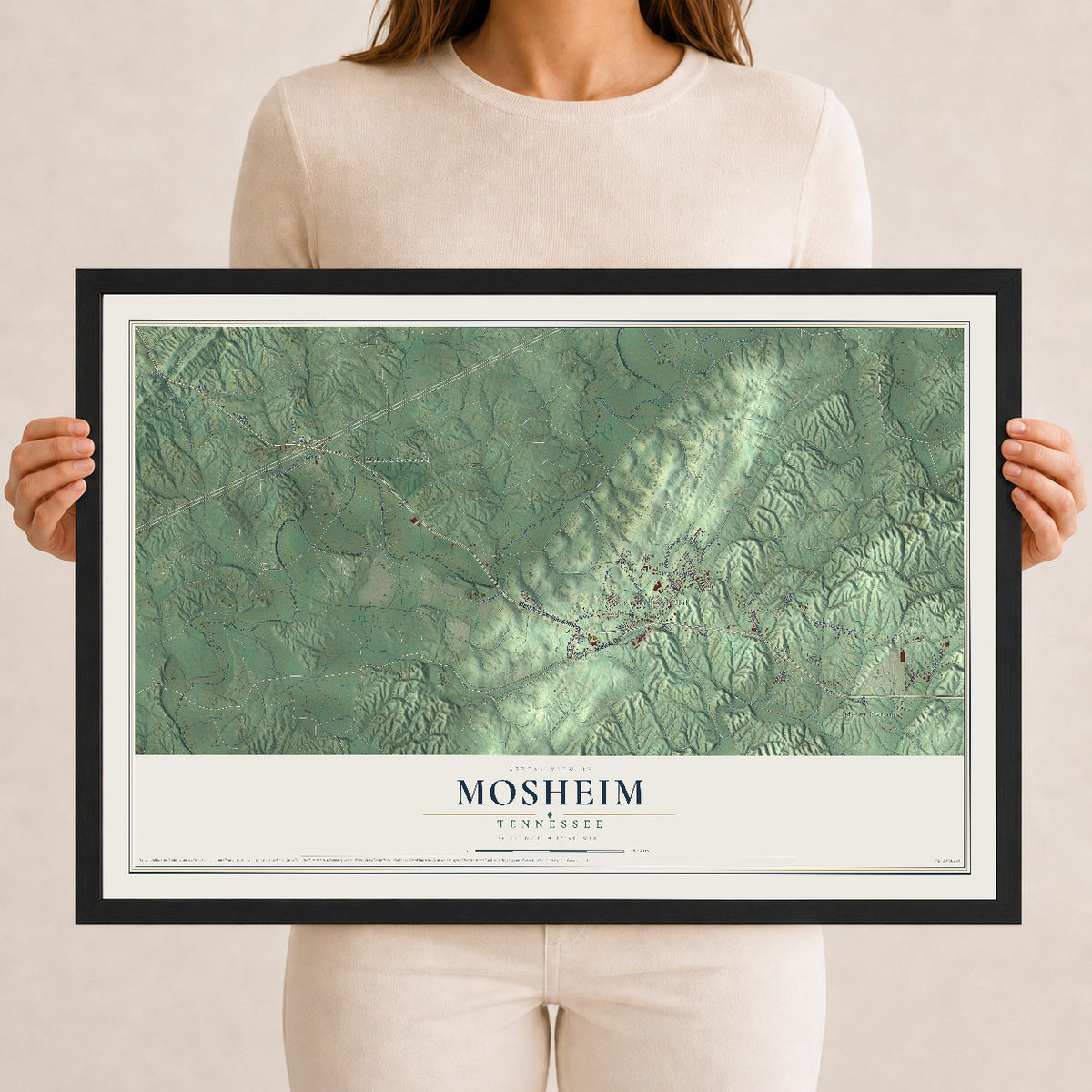 Map of Mosheim, Tennessee, 12 x 18 inch print in a black wood frame