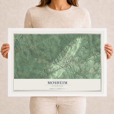 Map of Mosheim, Tennessee, 12 x 18 inch print in a white wood frame