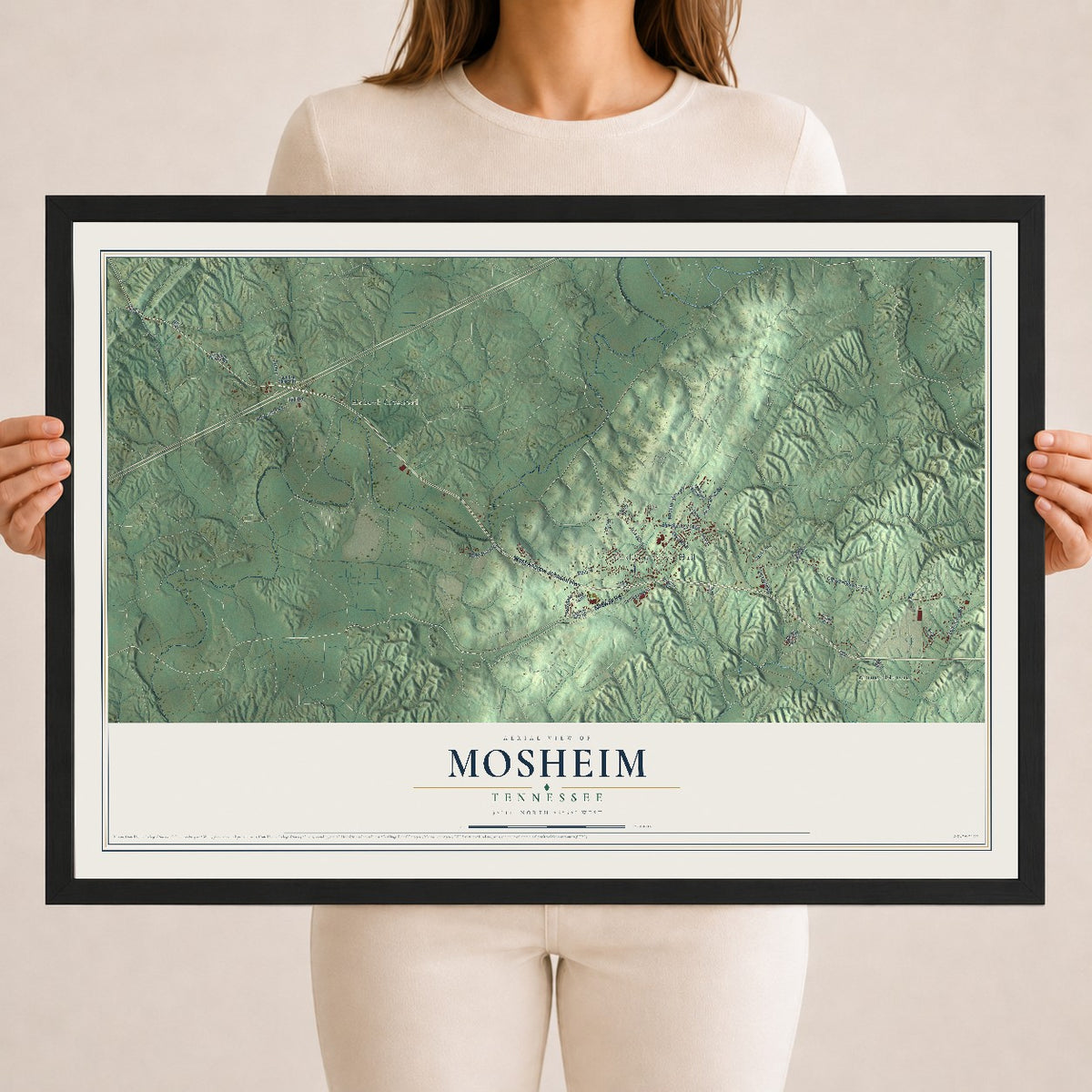 Map of Mosheim, Tennessee, 18 x 24 inch print in a black wood frame