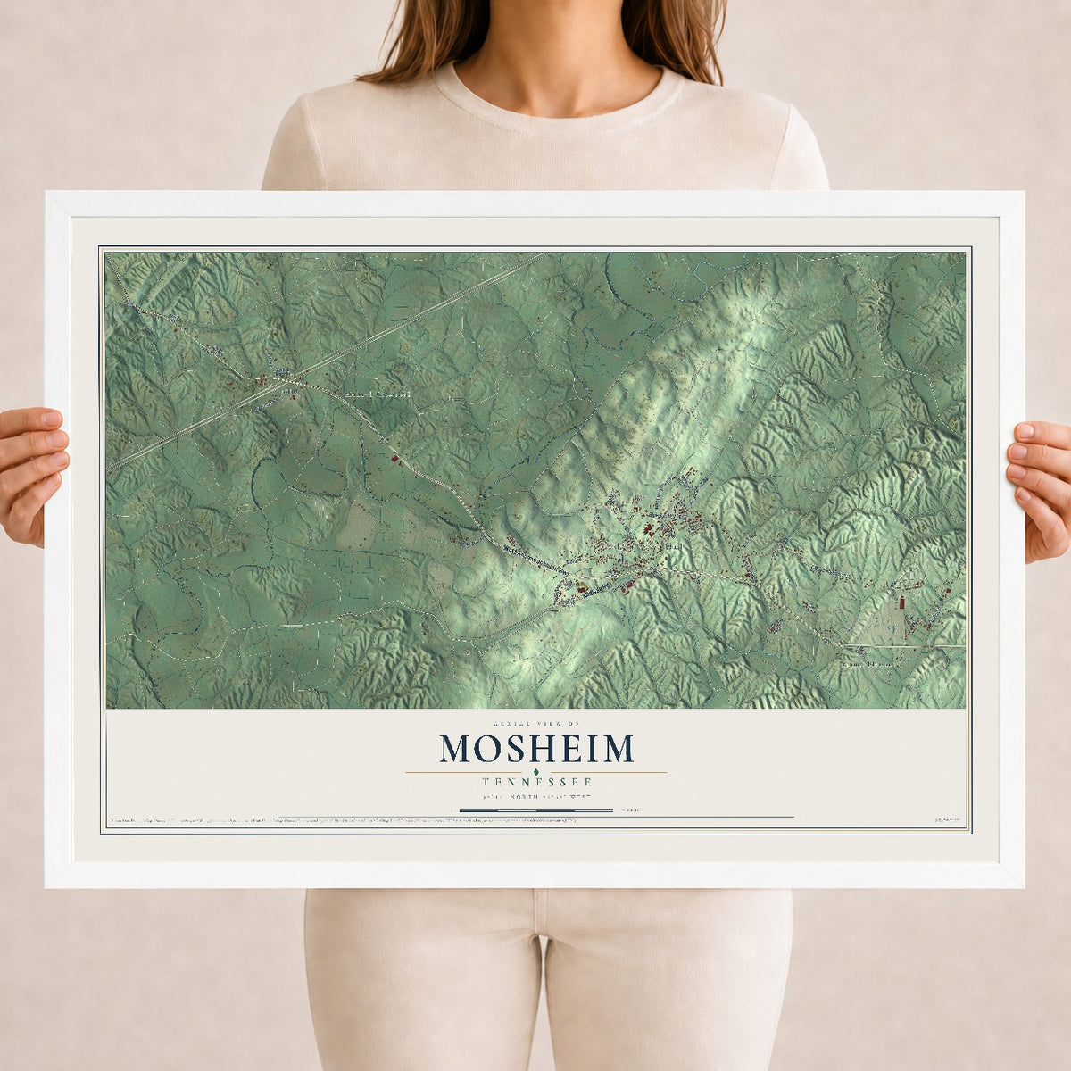 Map of Mosheim, Tennessee, 18 x 24 inch print in a white wood frame