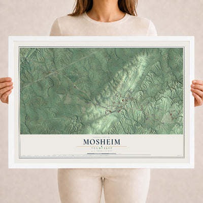 Map of Mosheim, Tennessee, 18 x 24 inch print in a white wood frame