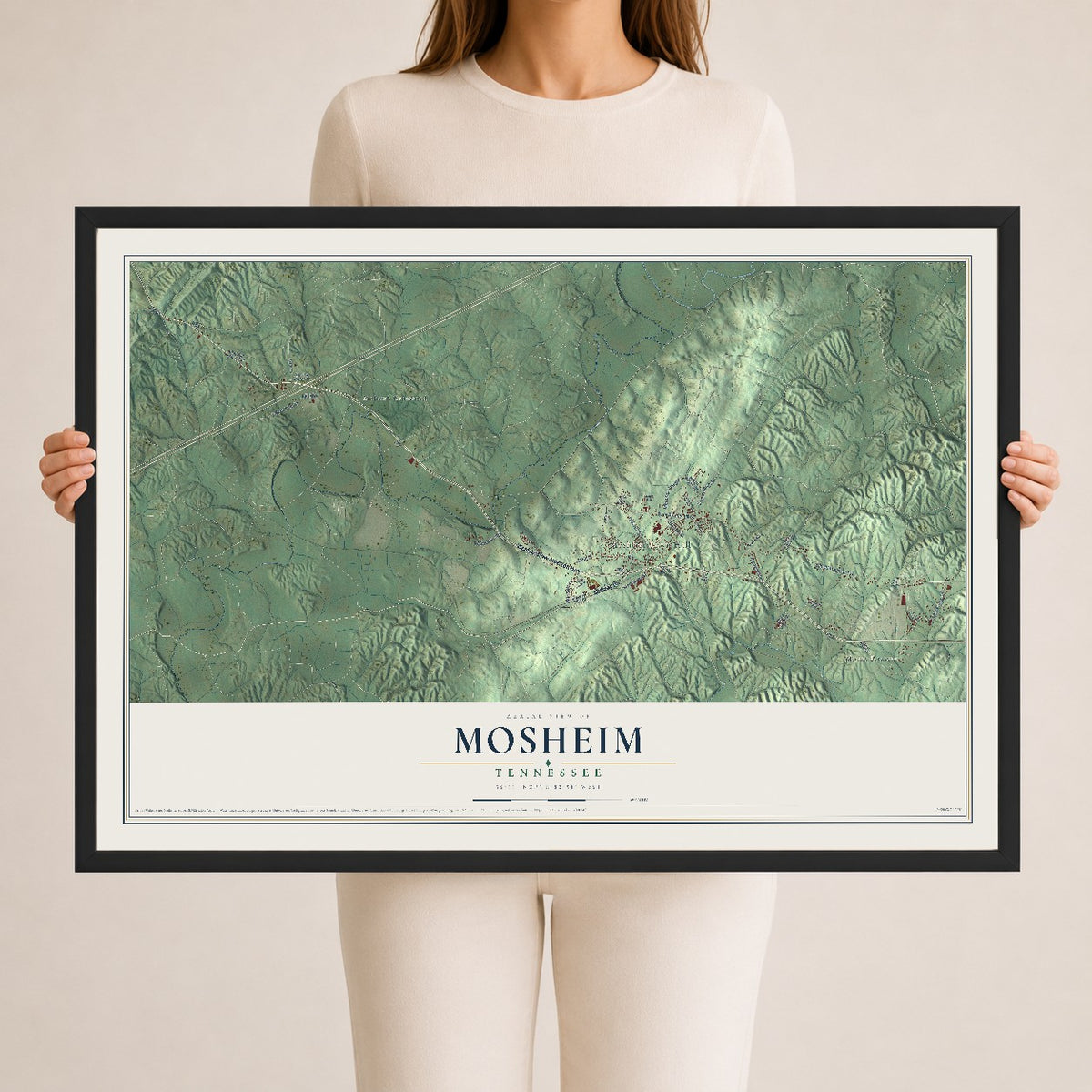 Map of Mosheim, Tennessee, 24 x 36 inch print in a black wood frame