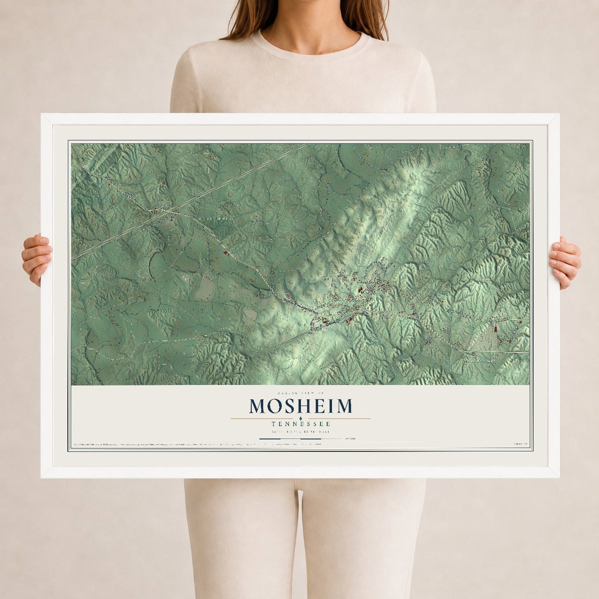 Map of Mosheim, Tennessee, 24 x 36 inch print in a white wood frame